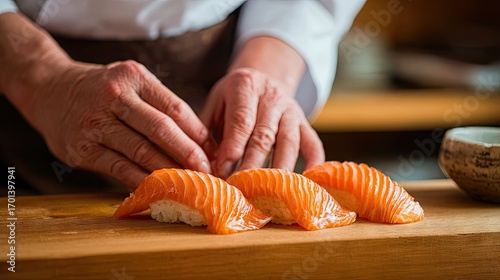 Artisan chef meticulously crafting sushi with fresh salmon slices, showcasing culinary skill and dedication to Japanese cuisine