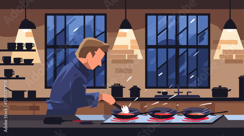 Person cooking in kitchen at night