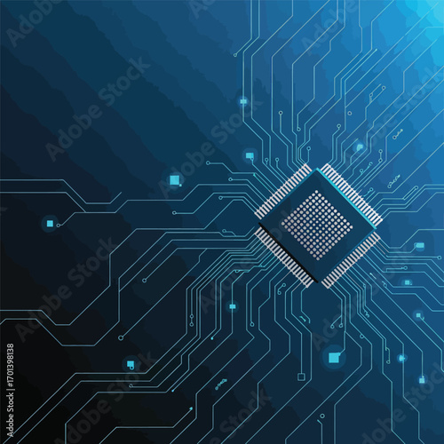 Vector Circuit Board Design: Detailed Blue Vector Art of a Centralized Microchip with Connecting Paths.