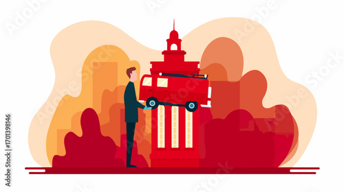 Person holding fire truck in front of fire station