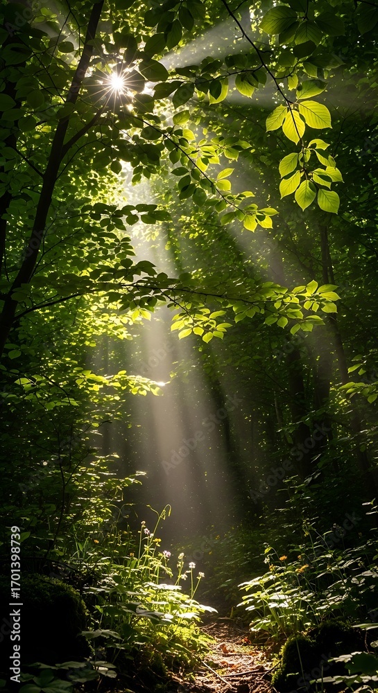 Fototapeta premium Sunlight Filtering Through Lush Forest Path.