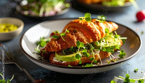 Croissant sandwich with avocado and sprouts with gourmet food.