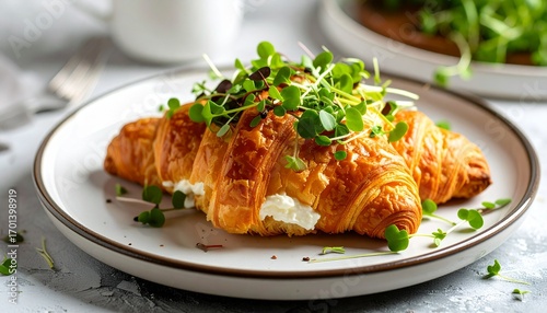 Croissant with cream cheese and microgreens on plate with food photography.
