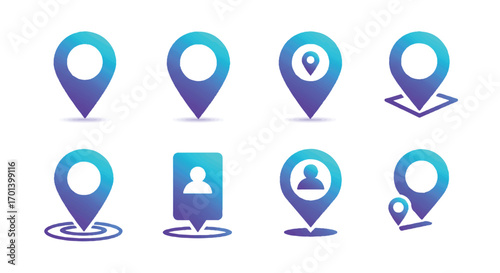 Various location pin symbols displayed on white surface, representing navigation and mapping concepts with modern and clean aesthetic.