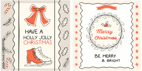 Hand drawn christmas cards featuring ice skates holly bells and festive greetings