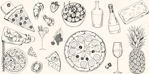 Collection of hand drawn food and drinks including pizza fruit and beverages for a festive gathering