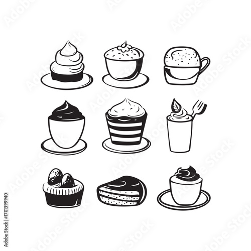 Set of dessert vector icons depicting various types of desserts such as cakes, ice cream, pudding, cupcakes and other sweet treats.