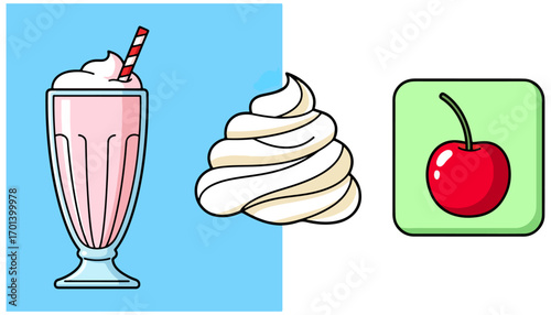 Strawberry milkshake whipped cream and cherry illustration