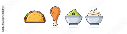 Taco chicken and dipping sauces illustration