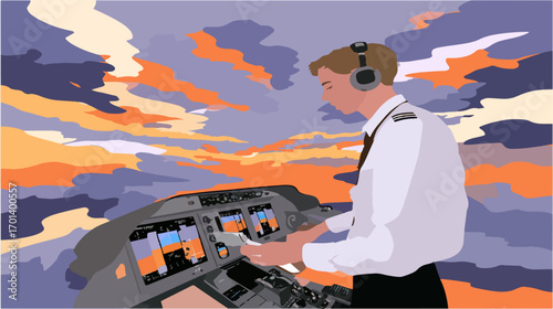 Pilot at sunset cockpit