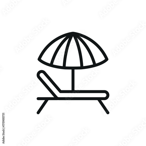 Beach umbrella with chair icon in line style for vacation and leisure visuals.