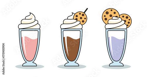 Three colorful milkshakes with whipped cream and cookies