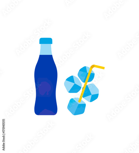 Blue soda bottle with ice and straw