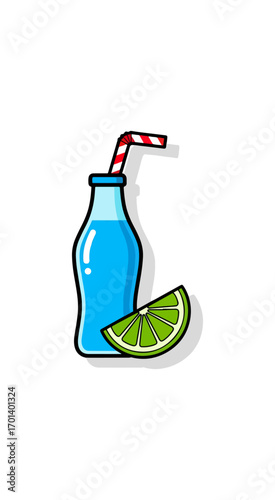 Blue soda bottle with lime slice