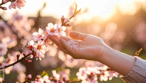 Hand Touching Pink Cherry Blossom Branch at Sunset.