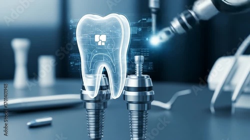Image is a high-tech, digital illustration focusing on dental technology. It features a stylized, semi-transparent tooth model with a digital grid overlay, suggesting a futuristic or virtual design. T