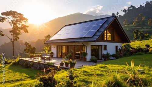 House with solar panels on roof with energy at sunset.