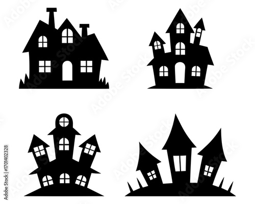 spooky halloween haunted house silhouettes on white background. silhouettes of houses