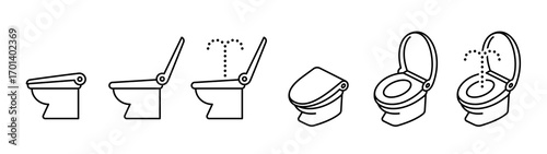 Toilet bowl icon set. Toilet with lid closed, lid open, and water jet spray.