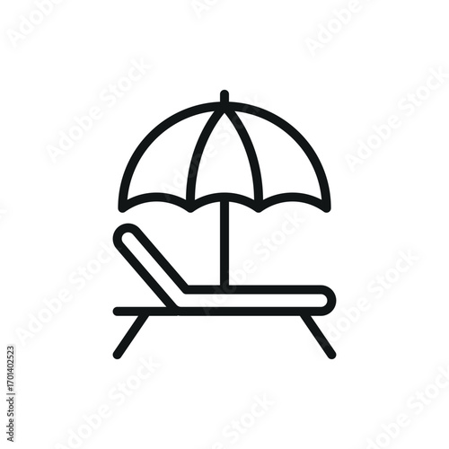 Beach umbrella with chair icon in line style for vacation and leisure visuals.