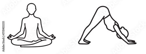 Line drawings showing two yoga poses: lotus position and downward facing dog for yoga practice