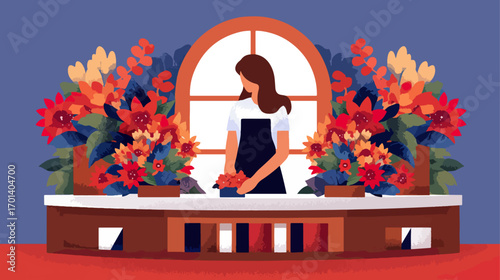 Woman arranging flowers by window