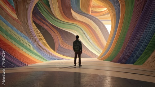 A lone figure stands within a vibrant, abstract tunnel composed of swirling, multicolored layers, leading towards a bright, distant opening.  The scene is rendered in a realistic, digital style