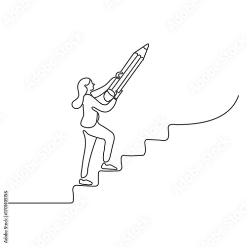 Drawing of businesswoman use huge pencil draw staircase climbing up ladder concept of business development. Single continuous line art style.