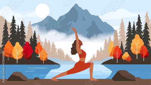 Woman doing yoga pose by mountain lake