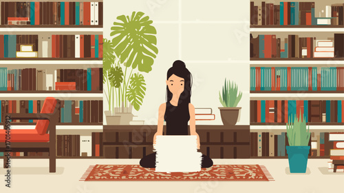 Woman meditating in a cozy home library