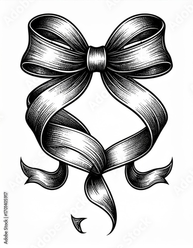 Monochrome Illustration of Elegant Bow with Shading and Intricate Details on White Background