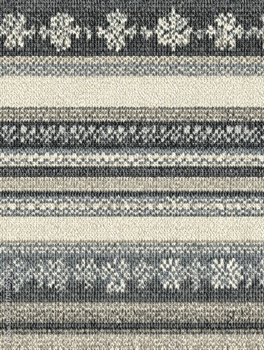 Textile Pattern Showcasing Intricate Geometric Designs in Shades of Gray, Cream, and Black