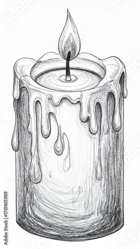 Monochrome Candle Illustration with Wax Drips and Shading on White Background