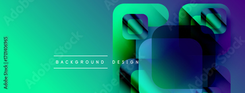 Abstract gradient background features overlapping squares. Vibrant turquoise, green hues dominate design. Text reads background design.