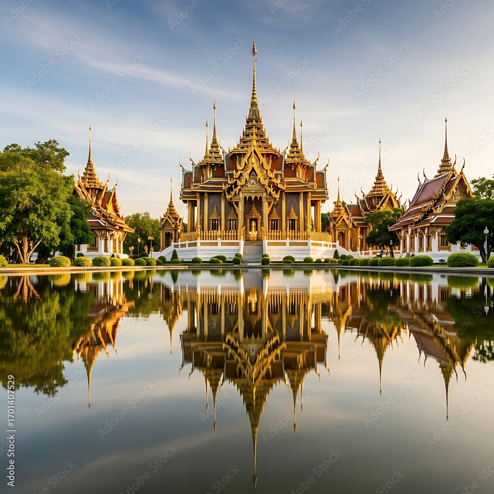Naklejka premium Golden Thai Palace Reflection in Water.