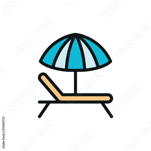 Beach umbrella with chair icon in color with line for summer and outdoor design.