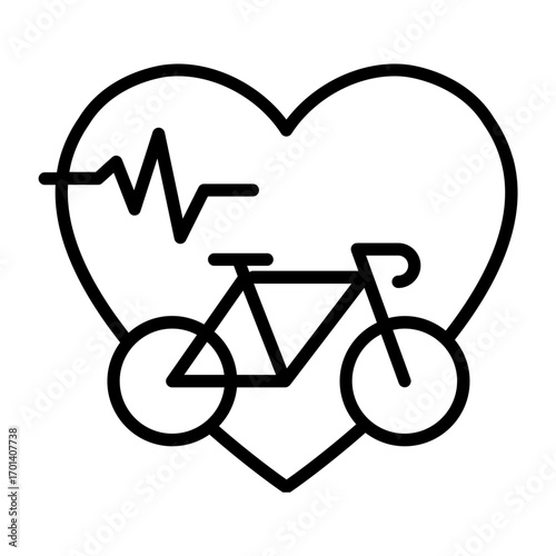 Icon of a bicycle inside a heart with a heartbeat line representing World Heart Day and the importance of cycling for a healthy lifestyle