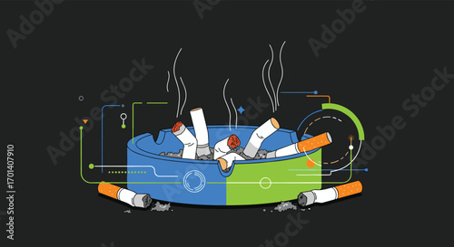 An artistic illustration of a full ashtray with several cigarettes and smoke emerging