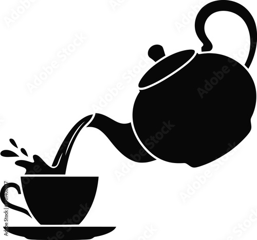 Teapot Pouring Beverage into Teacup Silhouette Vector Icon.eps