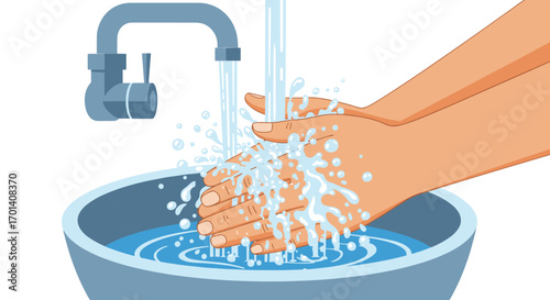 Thoroughly washing hands under flowing water in a basin for optimal hygiene and disease prevention practices