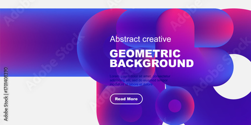 Abstract geometric background features vibrant blue, purple shapes. Text overlay includes title, sample text, call to action button. Modern design.