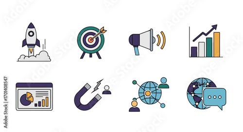Marketing and Business Strategy Icons Set - Rocket, Target, Megaphone, and Growth Chart.