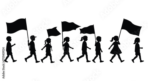 children marching together holding flags in silhouette form