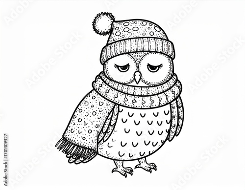 Hand Drawn Sad Owl in Winter Hat and Scarf on White Background