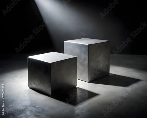 3d icon of two metallic cubes are dramatically lit by a single spotlight against a dark background, creating a minimalist and abstract composition with strong shadows