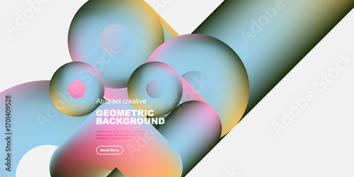 Abstract colorful shapes overlap, creating dynamic geometric background. Gradient hues blend smoothly, offering modern aesthetic.