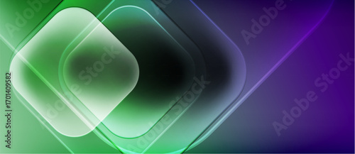 Abstract gradients, layered squares create dynamic visual effect. Green transitions to purple, smooth curves present modern design.