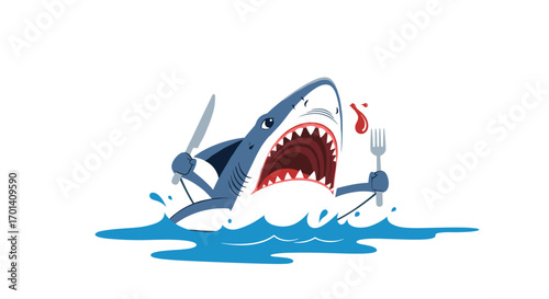 Hungry shark attack ready to eat with silverware in the ocean