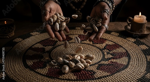 Hands holding cowrie shells, casting a spell of fortune