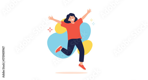 Joyful young woman celebrating with arms raised in excitement on a white background with colorful abstract shapes and sparkles